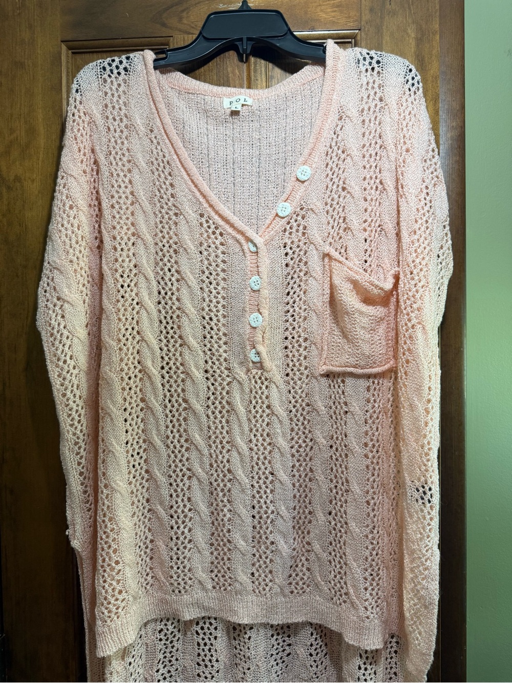POL Light Peach Crochet Knit Button-Front Top